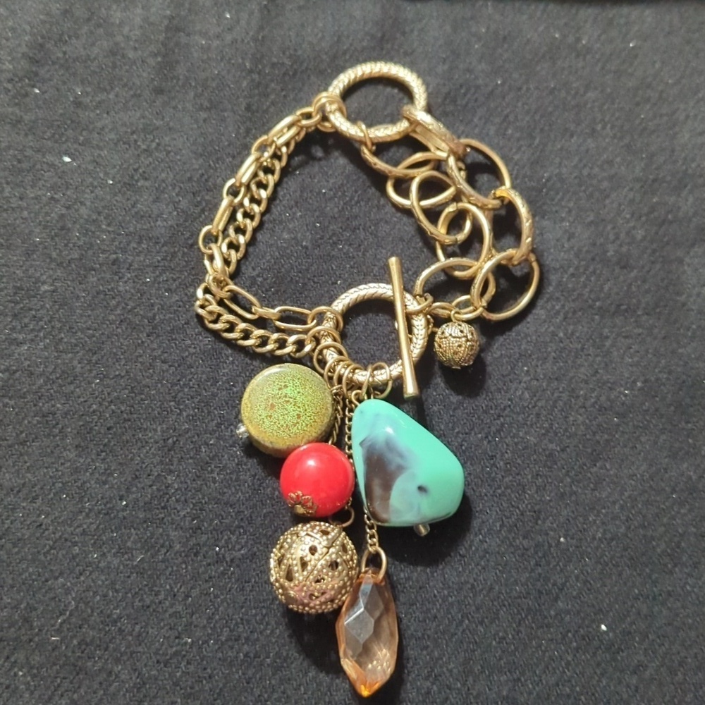 Gold Tone Chain Dangle Blue Green Red Peach Charm Statement Bracelet